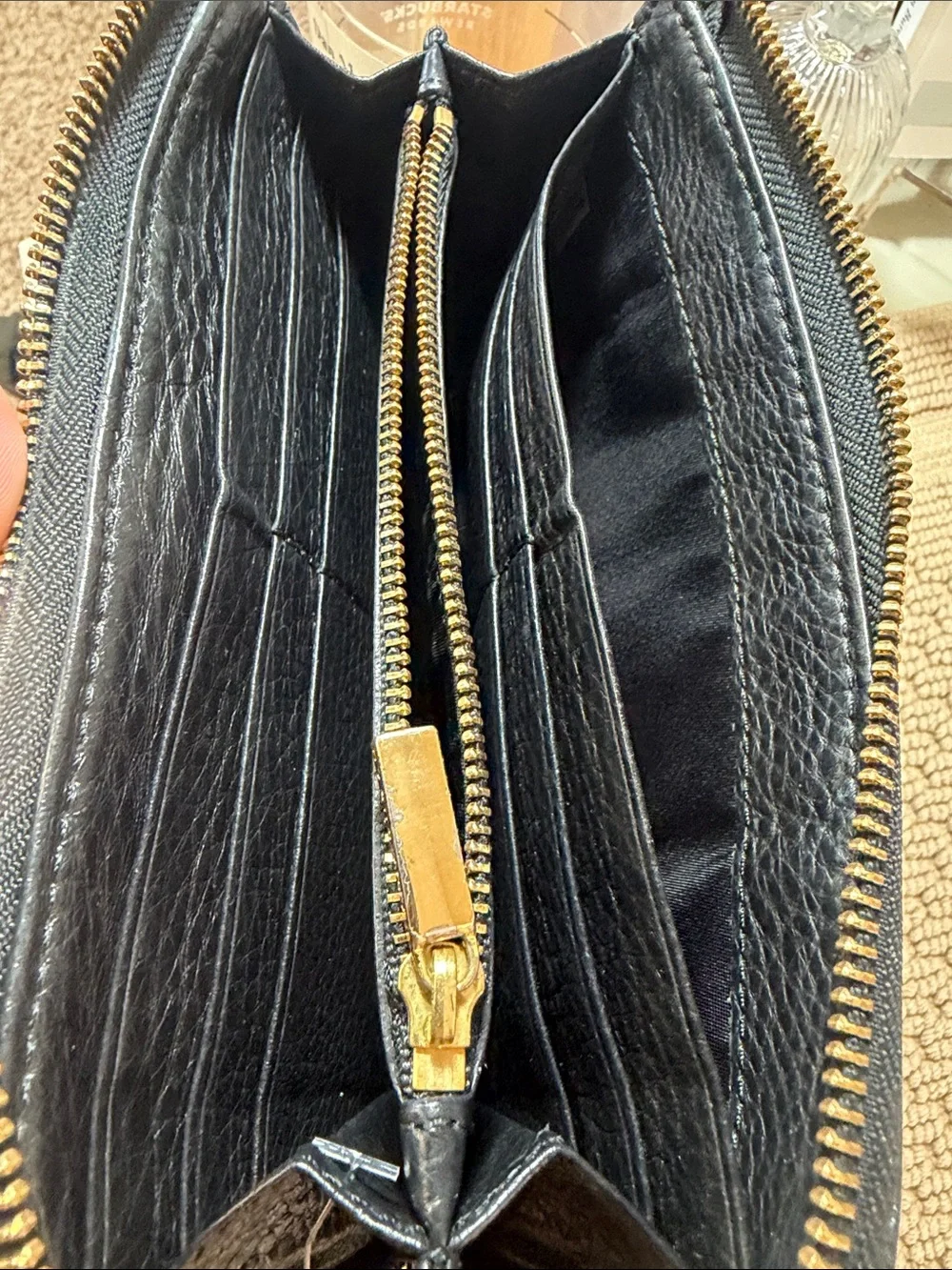 Tory Burch Black Pebbled Leather Zip Around Continental Wallet Gold Logo